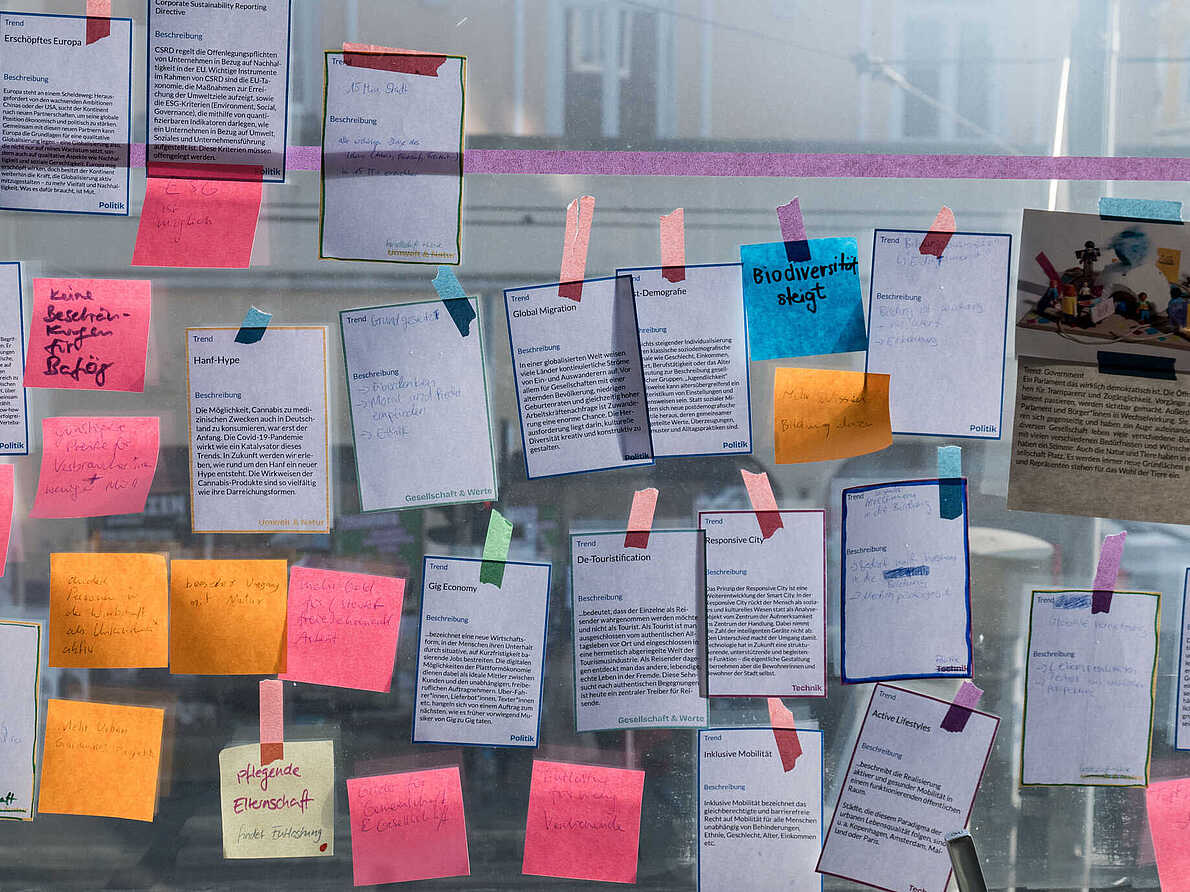 An einer Scheibe hängen Zettel mit Texten mit dem Oberbegriff "Trend".